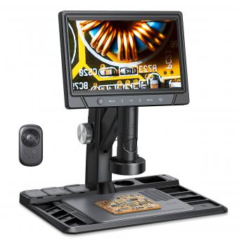 Microscopio elettronico ad alta definizione a messa a fuoco completa da 10,1 pollici, 12 milioni di pixel, pulsante touch, ingrandimento 50-1600x, luce LED regolabile senza ombra, telecomando wireless 2.4G, supporto per la connessione PC