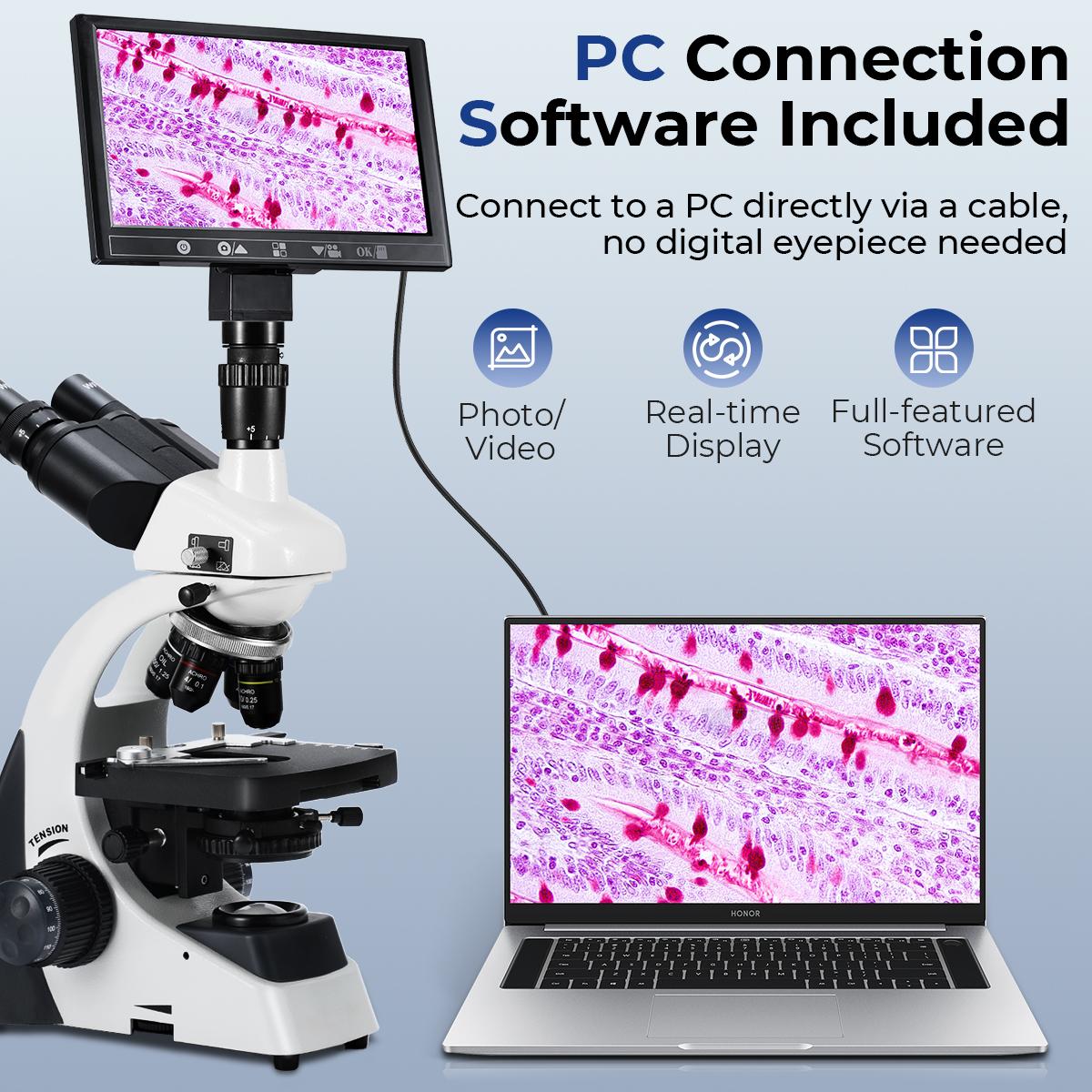 Compound Microscope with 9" Smart Screen 40x-1600x Magnification PC ...