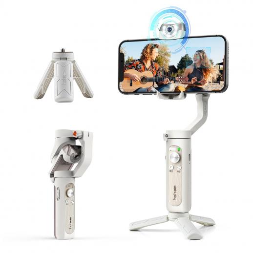 Valkoinen Hohem iSteady V2 -älypuhelimen gimbal-vakain AI-seurantatunnistimella, 3-akselinen kevyt taitettava puhelimen vakain, jossa on ensimmäinen