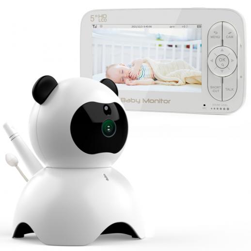 Monitor de bebê com vídeo LCD panda de 5 polegadas com visão noturna Monitoramento de temperatura da câmera Função dupla de áudio Lullaby A função VOX pode ser estendida para 4 câmeras padrão da UE