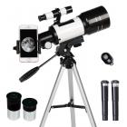 Astronomisk teleskop for børn 70 mm blænde 300 mm brændvidde, bærbart teleskop med stativ, telefonholder og Bluetooth-fjernbetjening