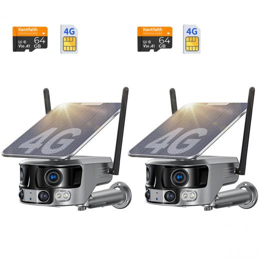 4G-sikkerhetskamera med 4K-klarhet, 180° panoramautsikt med dobbelt linse, solcelledrevet, 360° livevisning, farge nattsyn, 2 pakker, Kentfaith