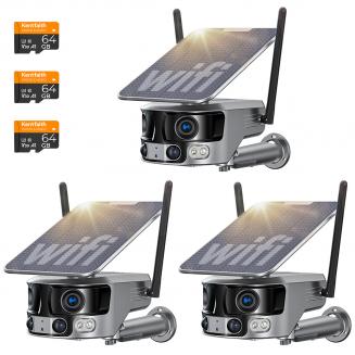Telecamera di sicurezza WiFi con nitidezza 4K, vista panoramica 180° con doppia lente, alimentazione solare, vista live 360°, visione notturna a colori, 3 confezioni, Kentfaith