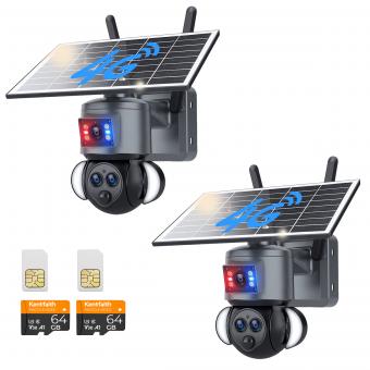 Cámara de seguridad celular 4G con zoom híbrido 15X, triple lente, 6MP, vistas duales, alimentación solar, vista en vivo 360°, visión nocturna en color, paquete de 2 cámaras, Kentfaith