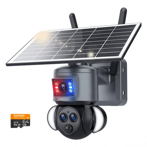 WiFi-sikkerhedskamera med 15X hybrid zoom, tre linser, 6MP, dobbeltvisning, solcelledrevet, 360° livevisning, farvenatvision, Kentfaith