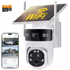 WLAN 3-Linsen überwachungskamera mit solar Drahtlos Outdoor, 6MP Full HD-Video, 360°-Panorama-/Schwenk-Heimüberwachungskamera mit Farbnachtsicht, Einfache Installation, PIR-Alarm, Kentfaith