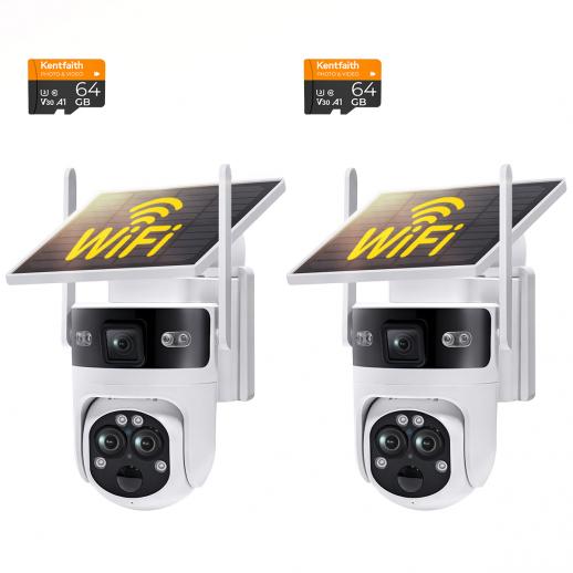 WiFi 3 Lens Солнечная Камера Безопасности Беспроводная для Улицы, 6MP Full HD Видео, 360° Обзор Панорамирования/Наклона Домашняя Камера Безопасности с Цветным Ночным Видением, Простая Установка, PIR Сигнализация, 2 шт, Kentfaith