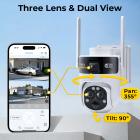 WiFi 3 Lens Солнечная Камера Безопасности Беспроводная для Улицы, 6MP Full HD Видео, 360° Обзор Панорамирования/Наклона Домашняя Камера Безопасности с Цветным Ночным Видением, Простая Установка, PIR Сигнализация, 2 шт, Kentfaith