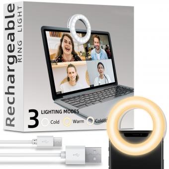 Telefon Selfie Ring Light, 40 LED lampeperler, 3 lysstyrker, USB oppladbart Selfie Ring Light, Passer for alle telefoner/nettbrett/bærbare datamaskiner hvit