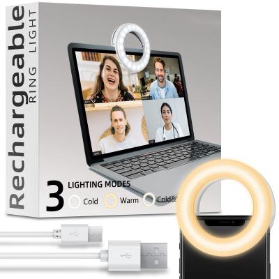 Teléfono Selfie Ring Light, 40 cuentas de lámpara LED, 3 brillos, USB recargable Selfie Ring Light, adecuado para todos los teléfonos / tabletas / computadoras portátiles, color blanco