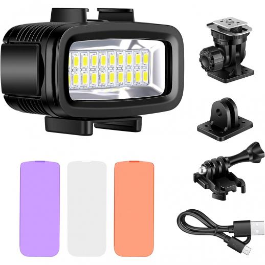 Luce video LED subacquea ricaricabile ad alta potenza con supporto per action cam e supporto per slitta fredda, compatibile con GoPro, DSLR - Ideale per Vlogging, viaggi, immersioni subacquee, snorkeling, surf, sport