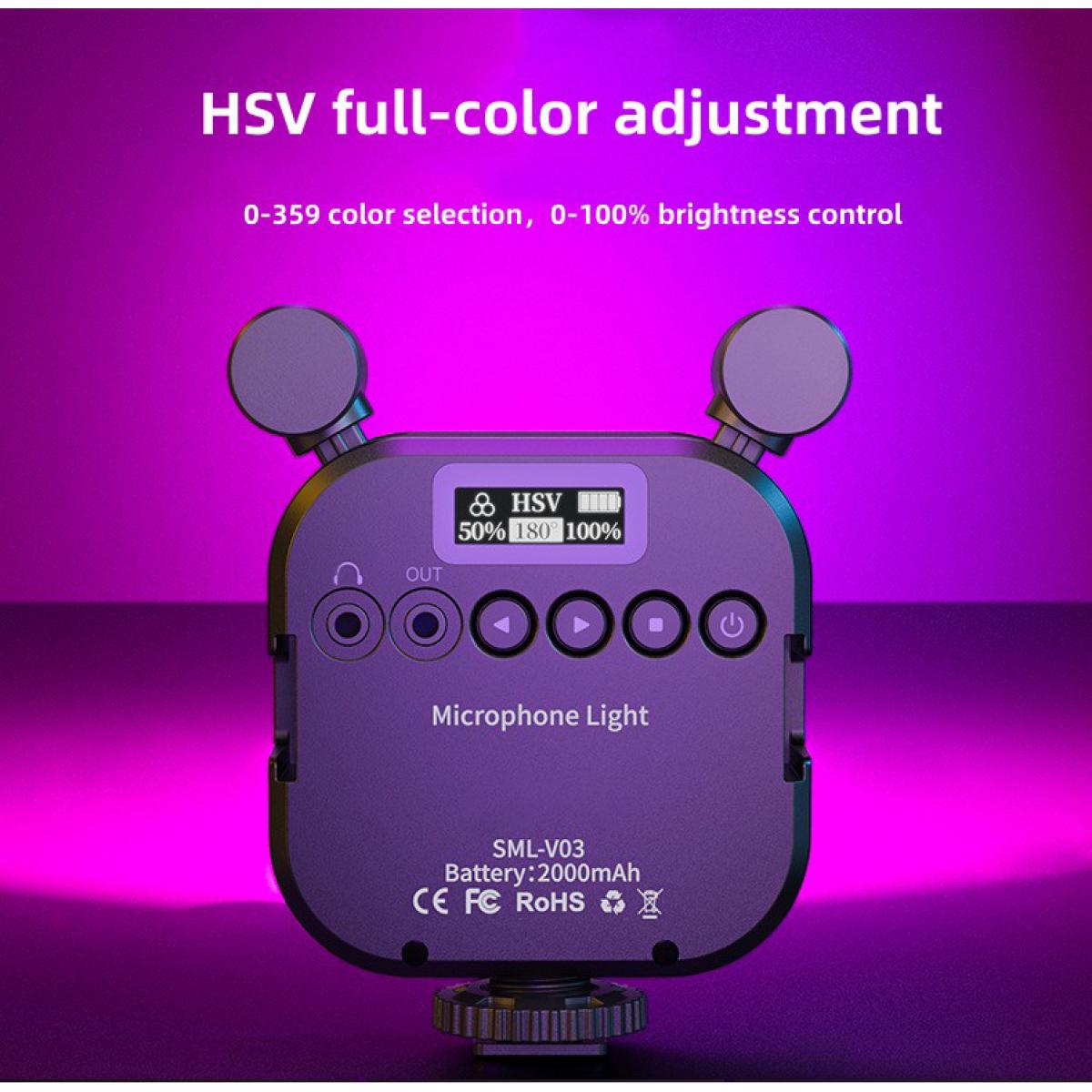 Luce video RGB portatile, luce per fotocamera a LED 2 in 1 con doppio microfono stereo, luce per fotografia a colori a 360°, 2000 mAh ricaricabile, CRI 95+, 2500-9000 K, luce di riempimento del pannello dimmerabile