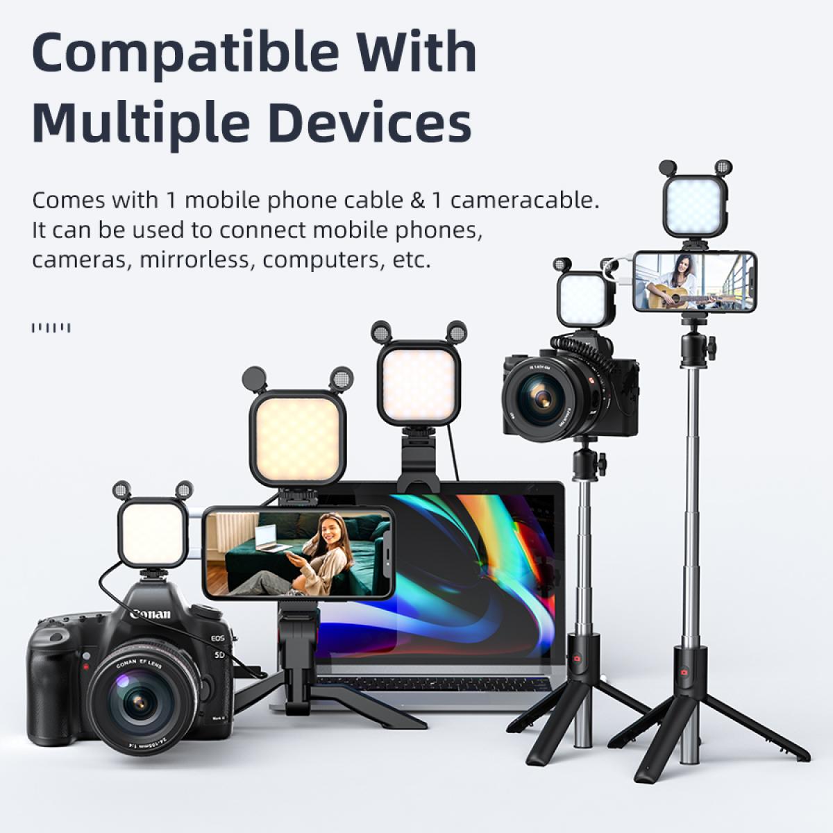 Luce video RGB portatile, luce per fotocamera a LED 2 in 1 con doppio microfono stereo, luce per fotografia a colori a 360°, 2000 mAh ricaricabile, CRI 95+, 2500-9000 K, luce di riempimento del pannello dimmerabile