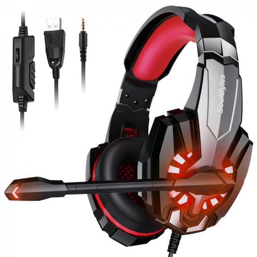 SoulBytes S9 Stereo Gaming Headset för PS4 PC Xbox One PS5 Controller, Brusreducerande Over-Ear-hörlurar med mikrofon, LED-lampor, Bass Surround, Mjuka Memory Hörselkåpor för Laptop Mac Nintendo NES Gaming Röd