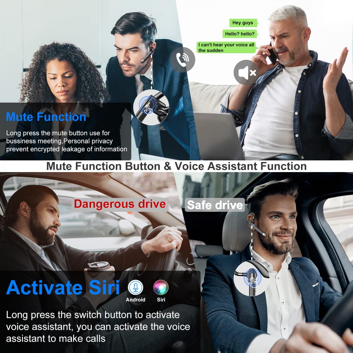 Fones de ouvido Bluetooth para celular Fone de ouvido Bluetooth V5.1 com estojo de carregamento Fones de ouvido viva-voz com microfone CVC8.0 com cancelamento de ruído para escritório/condução Compatível com Android/iPhone/Laptop