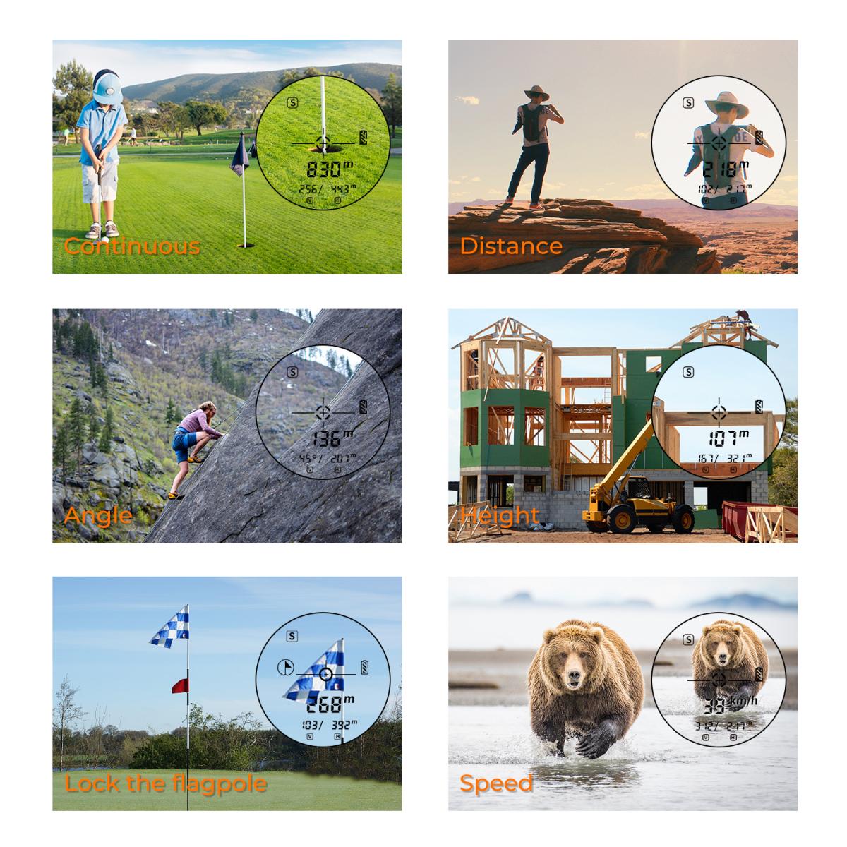 SNDWAY SW-1500A Golf Rangefinder Telescópio Rangefinder Medição de distância Ângulo Medição de altitude Medição de velocidade Suporte Bloqueio de mastro Focagem a olho nu 1500m Distância de medição