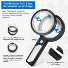 Lente d'ingrandimento con doppia lente rimovibile, lente d'ingrandimento illuminata 6X, 9X, 15X, lente d'ingrandimento tascabile rimovibile con 6 LED dimmerabili, 2 luci LED UV per lettura, anziani, artigianato, hobby