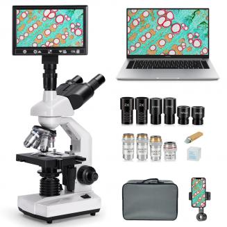 Microscopio Composto con Display da 7 pollici, Ingrandimento 40X-5000X, 195 Obiettivi, Tavolino Meccanico, Oculari WF10x e WF25x, Condensatore Abbe, per Laboratorio, Biologia, Educazione, Kentfaith