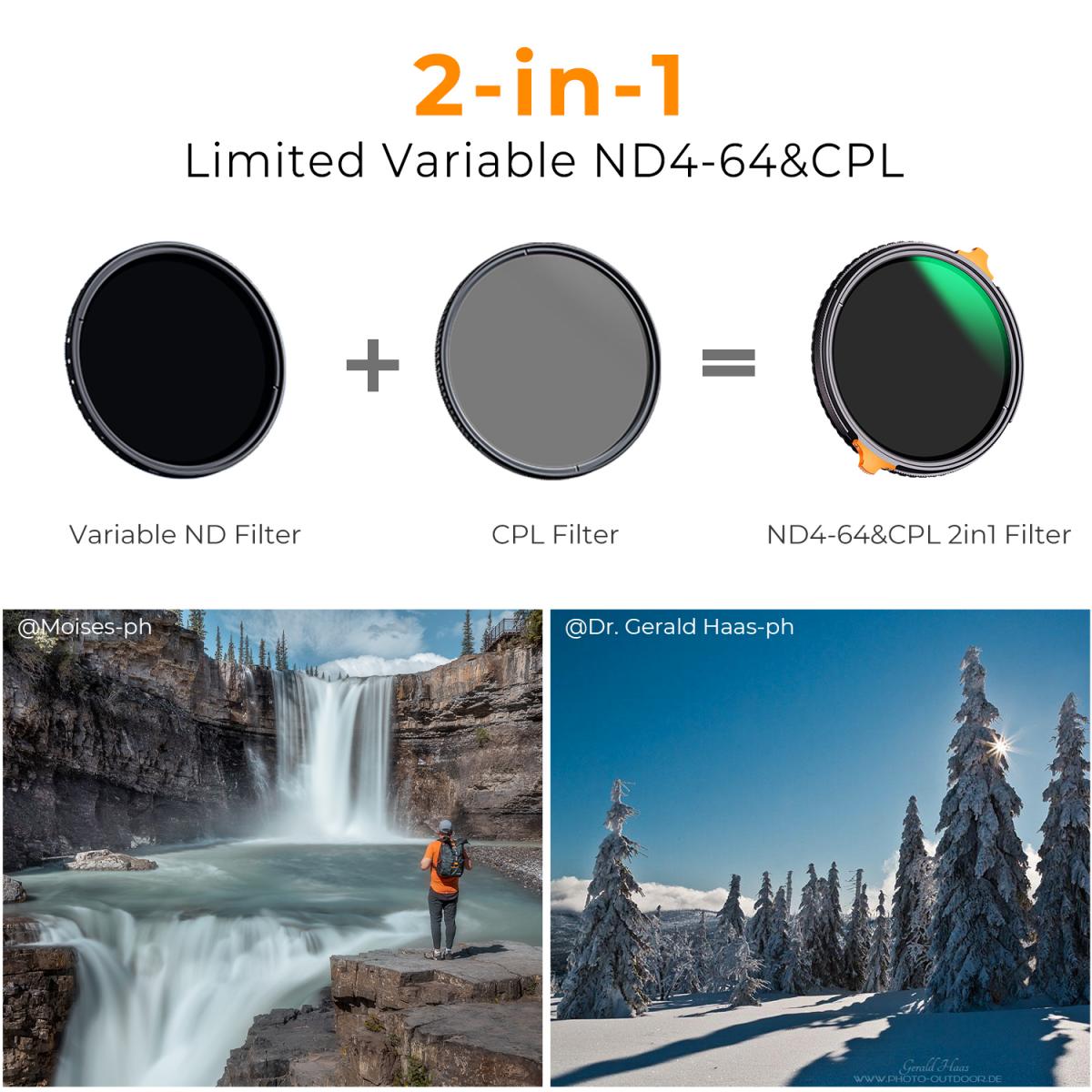 72 mm CPL&ND4-ND64 (2-6 Stopp) Variabelt ND-Filter Och CPL-2-I-1 Med 28 Lager Grön Antireflexbeläggning Två Orange Spakar Nano-Xcel-Serien