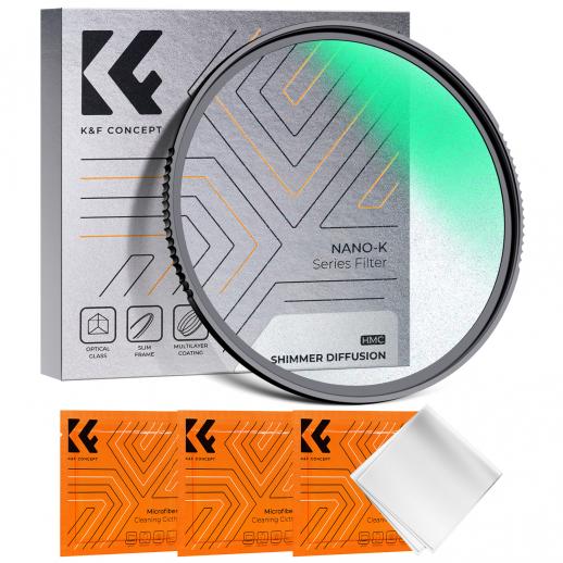 K&F Concept 58 mm Shimmer Diffusjon 1 Filter Effektfilter laget av optisk glass, Shimmer 1 Filter med 18 lag nano-belegg, (Glimmer Glass Filter) Vanntett grønn folie Nano-Klear Serien