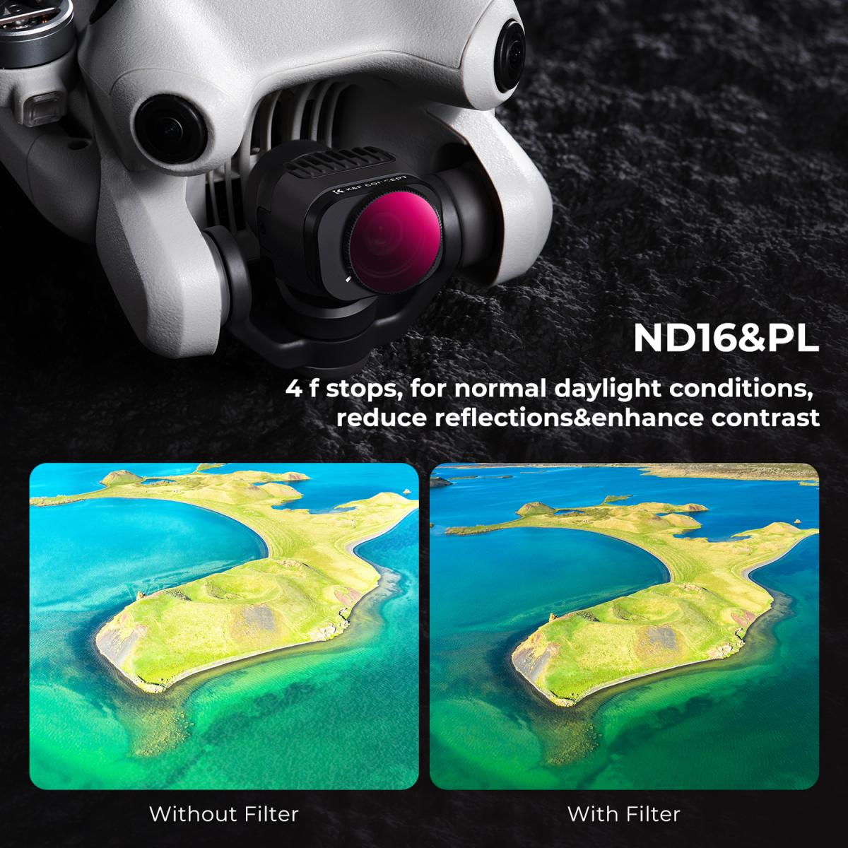 ND16&PL-suodatin, joka on yhteensopiva DJI Mini 4 Pron kanssa, kiinteä 4 pysäytyksen valonvähennys ja polarisoiva 2-in-1-suodatin, monitoiminen HD-optinen lasisuodatin