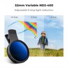 Clip-On ND-filter (1-9 stopp) For alle telefoner og 52 mm kameralinse Justerbart nøytralt tetthetsfilter Kompatibel med iPhone mobilkamerafilter