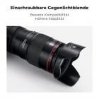Die Gegenlichtblende wird mittels eines Gewindes drehbar am Kameraobjektiv befestigt, diese Befestigungsmethode ist sicherer