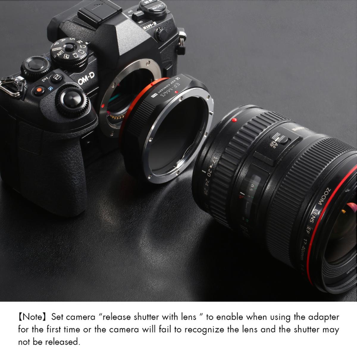 Canon EOS (EF/EF-S) D/SLR-objektiv til Micro Four Thirds (MFT, M4/3) monteret spejlløst kamerahus med matte lak-designobjektivadapter