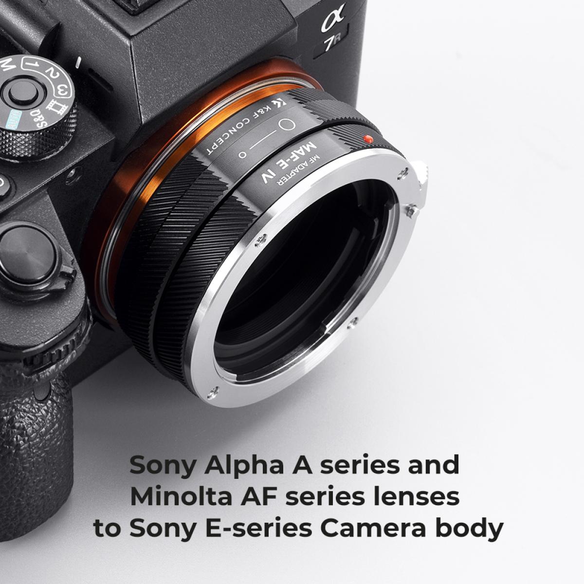 K&F Concept Sony Alpha A e Minolta AF Lens Mount para Sony E Camera Body Body Adapter Ring, laca fosca, MAF-E IV FIT ART