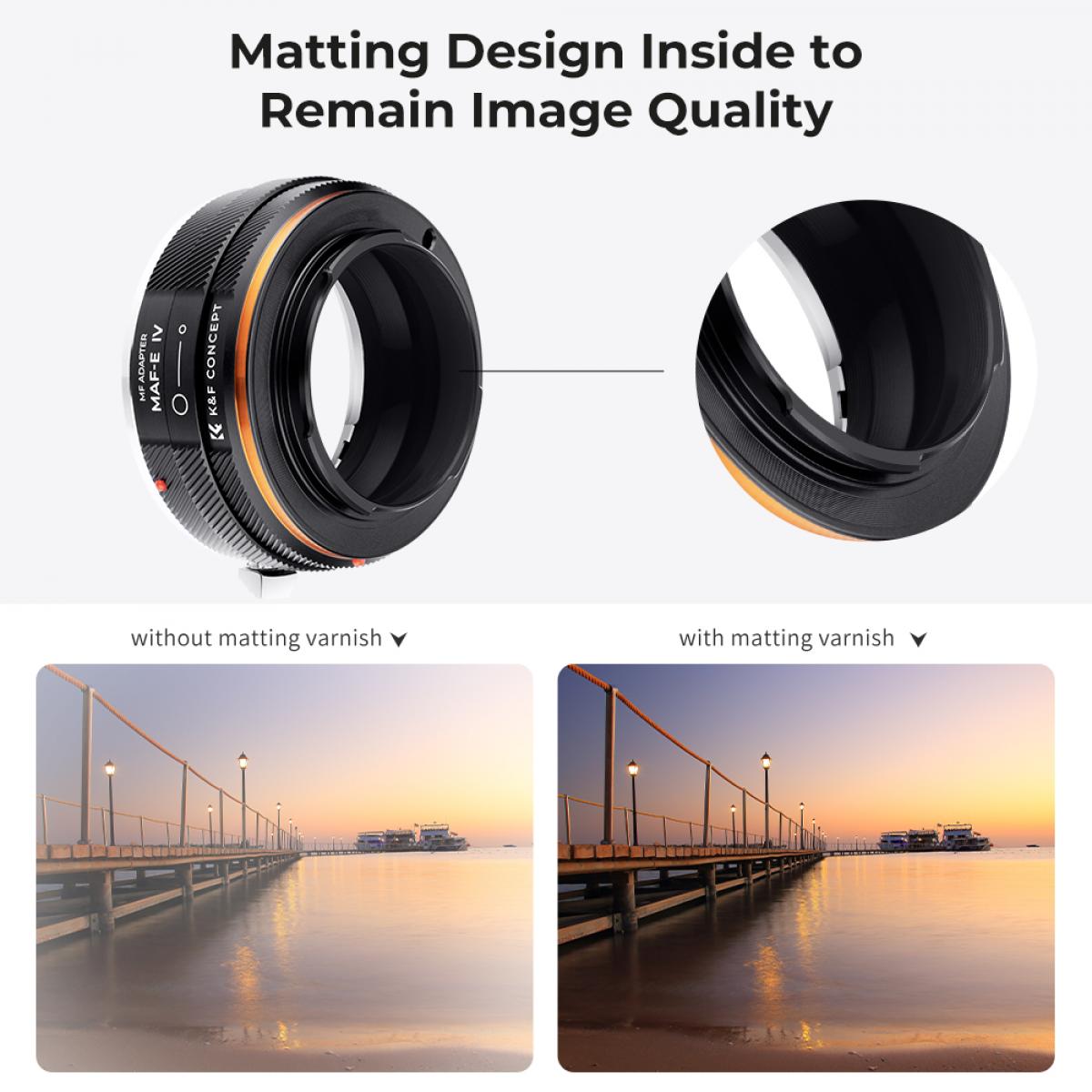 K&F Concept Sony Alpha A e Minolta AF Lens Mount para Sony E Camera Body Body Adapter Ring, laca fosca, MAF-E IV FIT ART