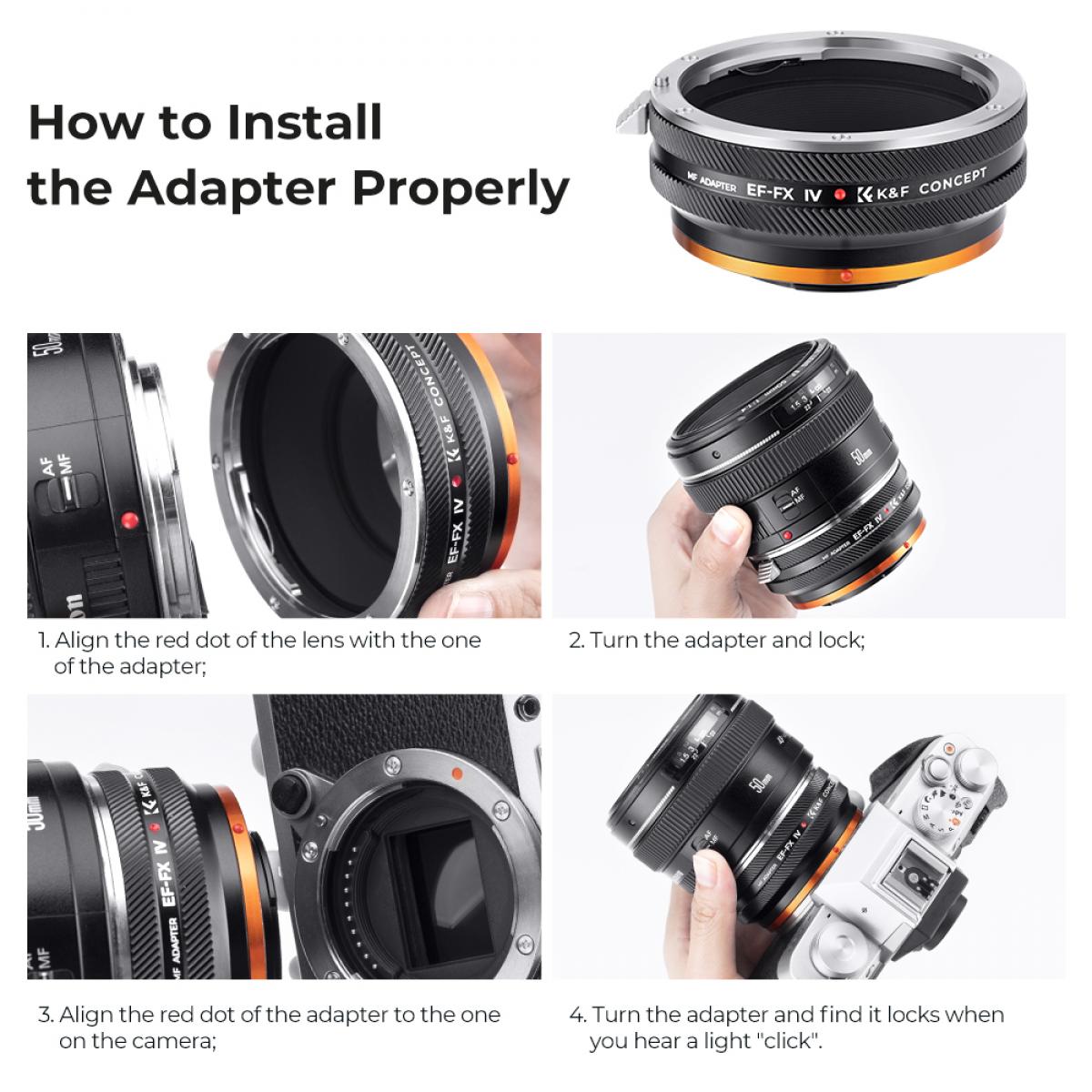 K&F Concept حامل عدسة Canon EF إلى حلقة مهايئ هيكل الكاميرا Fujifilm X ، ورنيش غير لامع ، EF-FX IV PRO