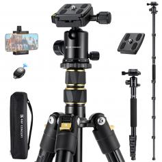 72''/1.84m Camera Tripod Lightweight and Compact Tripod with Ball Head, Travel Stand for DSLR with Phone Holder, Bluetooth Remote Control and Quick Release Plate*2, Load Capacity 10kg/22lbs(TM2324 Upgraded Model)