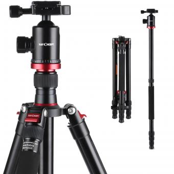 Mycket kompakt och lättviktig aluminiumresväskastativ med monopod 66 tum/161 cm, 360° panoramabollhuvud, kompatibel med DSLR-kameror, modell TM2834