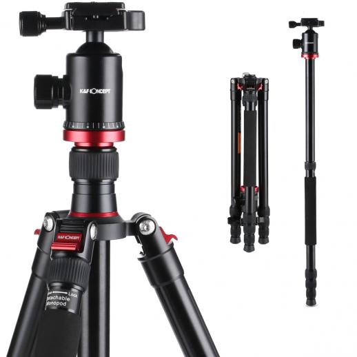 Mycket kompakt och lättviktig aluminiumresväskastativ med monopod 66 tum/161 cm, 360° panoramabollhuvud, kompatibel med DSLR-kameror, modell TM2834