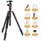 Mycket kompakt och lättviktig aluminiumresväskastativ med monopod 66 tum/161 cm, 360° panoramabollhuvud, kompatibel med DSLR-kameror, modell TM2834