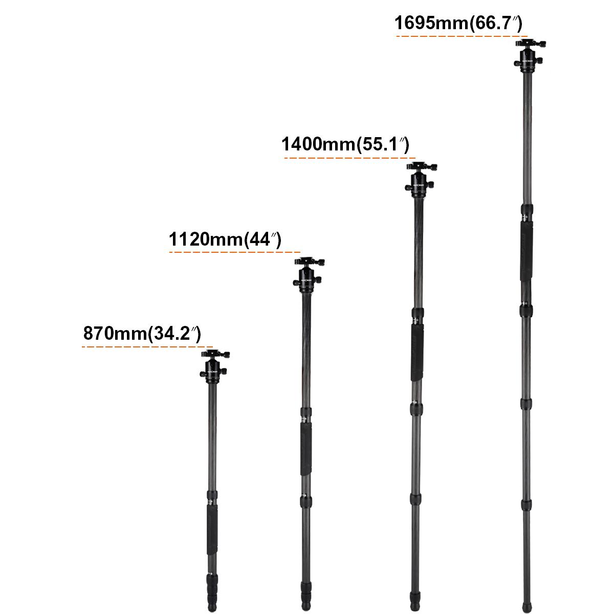 K&F Concept TC3134C professionellt kolfiberstativ-monopod-kit för DSLR-kameror, bollhuvud, 4 avdelningar
