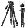 58”/146cm Aluminium LäTT Resa Video Stativ 3-VäGS SVängbar Pan Tilt Head Med Mobiltelefonhållare Smartphone Clip Quick Release Plate för Telefon DSLR-Kamera