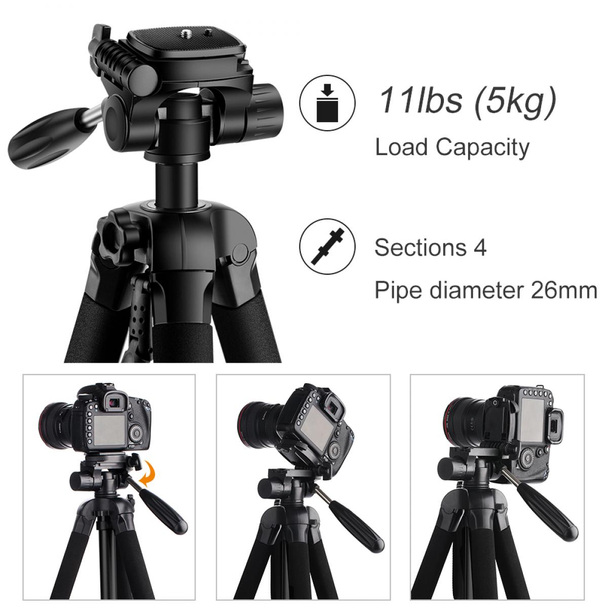 Videokameratrepod 70 tum/1,77 m för telefoner och DSLR-kameror, lastkapacitet 4 kg/8,8 lbs, med mobiltelefonhållare, 3-vägs panoramahuvud och avkopplingsbar monopod, modell TM2624L, leverans endast till USA