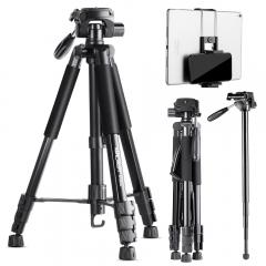 69.7"/177cm Treppiede per telefono Treppiede per DSLR 8.8lbs carico con supporto per telefono/pad, testa Pan a 3 vie e monopiede staccabile KF2624L