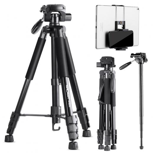69.7"/177cm Treppiede per telefono Treppiede per DSLR 8.8lbs carico con supporto per telefono/pad, testa Pan a 3 vie e monopiede staccabile KF2624L