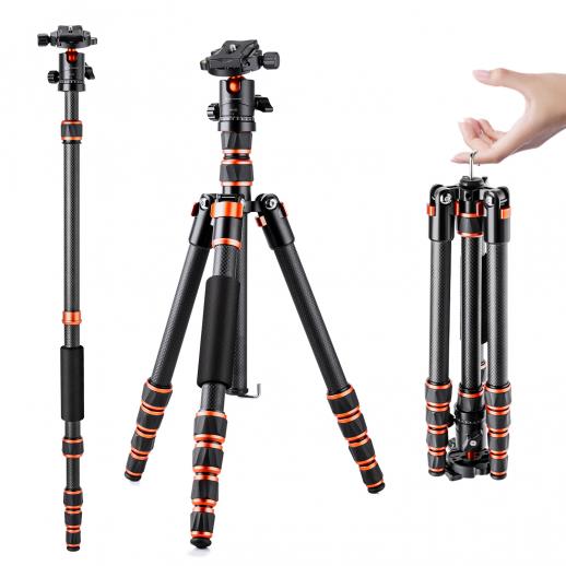 K&F Concept kulfiber kamerastativ 152 cm – Letvægts rejsetripod med 360° kuglehoved, aftagelig monopod, 8 kg belastning, til DSLR/SLR kamera