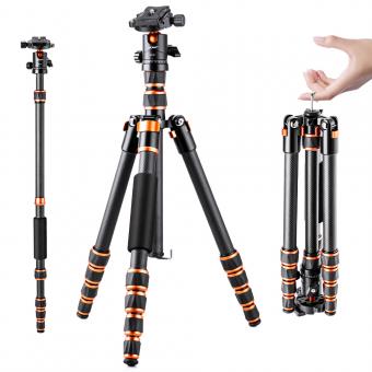 155 cm (60") Trépied Appareil Photo en Fibre de Carbone, Trépied Photo de Voyage Portable Professionnel avec Monopode, Trépied Caméra de Macrophotographie