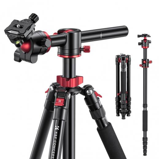 170cm Treppiede in alluminio per Fotocamera Reflex con Colonna Centrale + Monopiede + Testa a Sfera da 32mm + Piastra a Sgancio Rapido, Carico Massimo 12kg - T255A4+BH-32L, Rosso