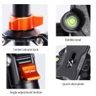 center column lock, bubble level, angle adjustment button, quick shoe plate