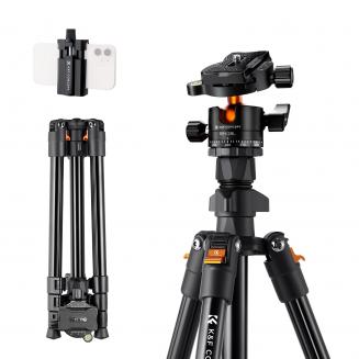 163cm Treppiede in Alluminio per Fotocamera con Testa a Sfera + Supporto per Telefono, Carico 10kg, Peso 1,29kg - K234A0+BH-28L