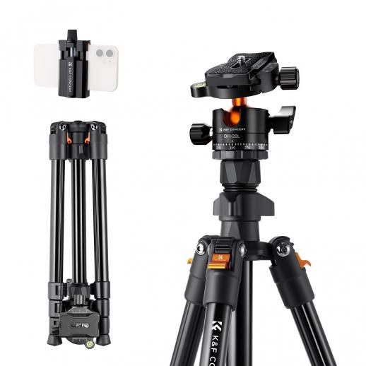 163cm Treppiede in Alluminio per Fotocamera con Testa a Sfera + Supporto per Telefono, Carico 10kg, Peso 1,29kg - K234A0+BH-28L