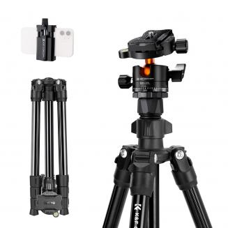 K&F CONCEPT 63.8''/1.63m Aluminum Travel Tripod 22lbs/10kg Load Reflexible Toggle Lock  K234A0+BH-28L with CNC BH-28L Head, with Mobile Phone Clip