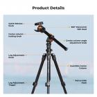 K&F Konsept 63,8''/1,63 m Alüminyum Seyahat Tripod 17,6 lbs/8 kg Yük, 28 mm Başlıklı, Yeni K Tipi Çevirme Kilidi K234a0+Bh-28l, Enine Merkezi Sütun ve Cep Telefonu Klipsi ile