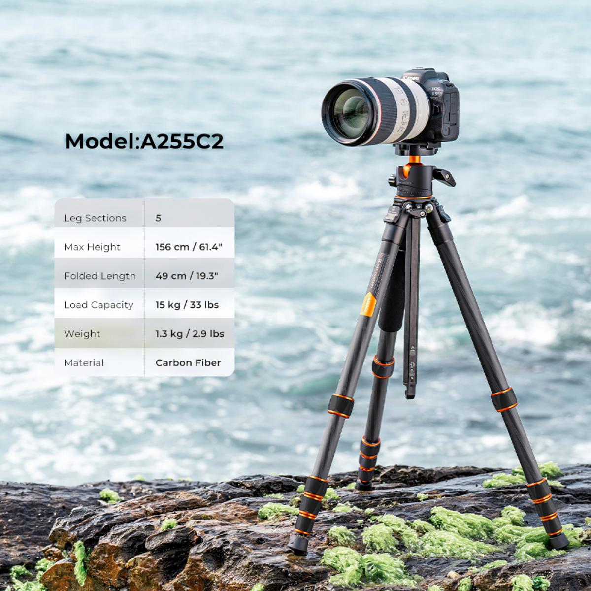 Profesyonel Karbon Fiber Tripod 15kg/33lbs Maks. Yük 156cm/61.4" Maks. Yükseklik, Kompakt ve Taşınabilir, 360° Top Kafalı ve Ayrılabilir Monopodlu, A255C2+BH-35L