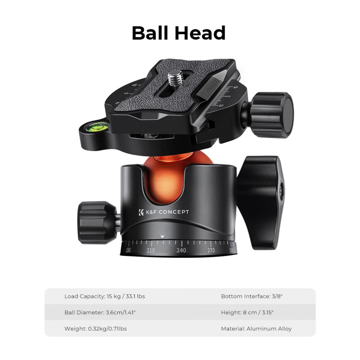 Profesyonel Karbon Fiber Tripod 15kg/33lbs Maks. Yük 156cm/61.4" Maks. Yükseklik, Kompakt ve Taşınabilir, 360° Top Kafalı ve Ayrılabilir Monopodlu, A255C2+BH-35L